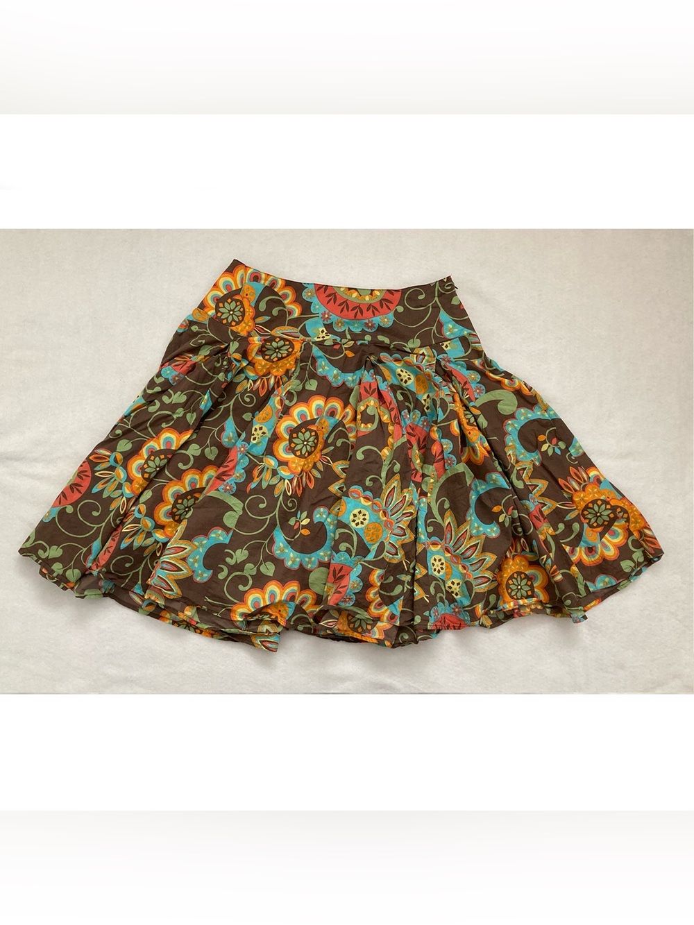 New York & Company brown pleated midi skirt with colorful floral paisley print - Picture 3 of 9